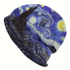 1PC Van Gogh The Starry Night Police Box Skully Beanie Hat Cap Unisex One Size