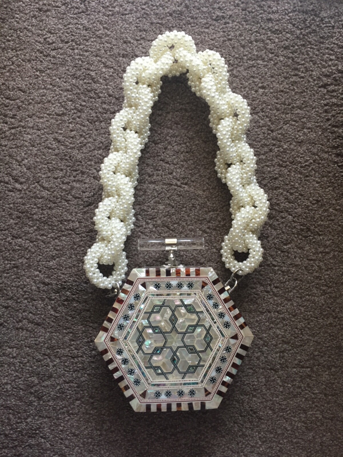 Unique Arabesque Hexagonal Clutch Bag- Handmade, Mother of Pearl, Beautiful 