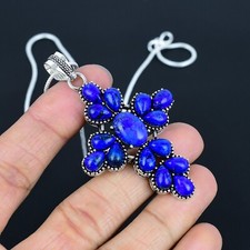 Blue Lapis Lazuli Gemstone Cross Pendant 925 Sterling Silver Handmade Pendant