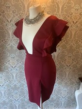 ladies 10 dress pretty little thing red Burgundy Ruffle short Sexy front Asos