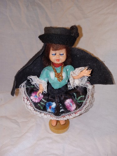 Vintage Portuguese Doll Young Girl • 5.6" Tall • With Base • Embroidered Dress 