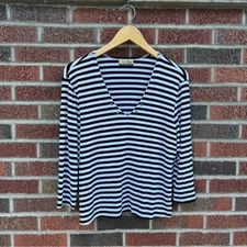 Creative Design Works Navy Blue and White Striped V Neck Long Sleeve Top