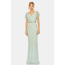 Mac Duggal Short Sleeve Beaded V-Neck Gown Unlined Green Size 16 NWOT 