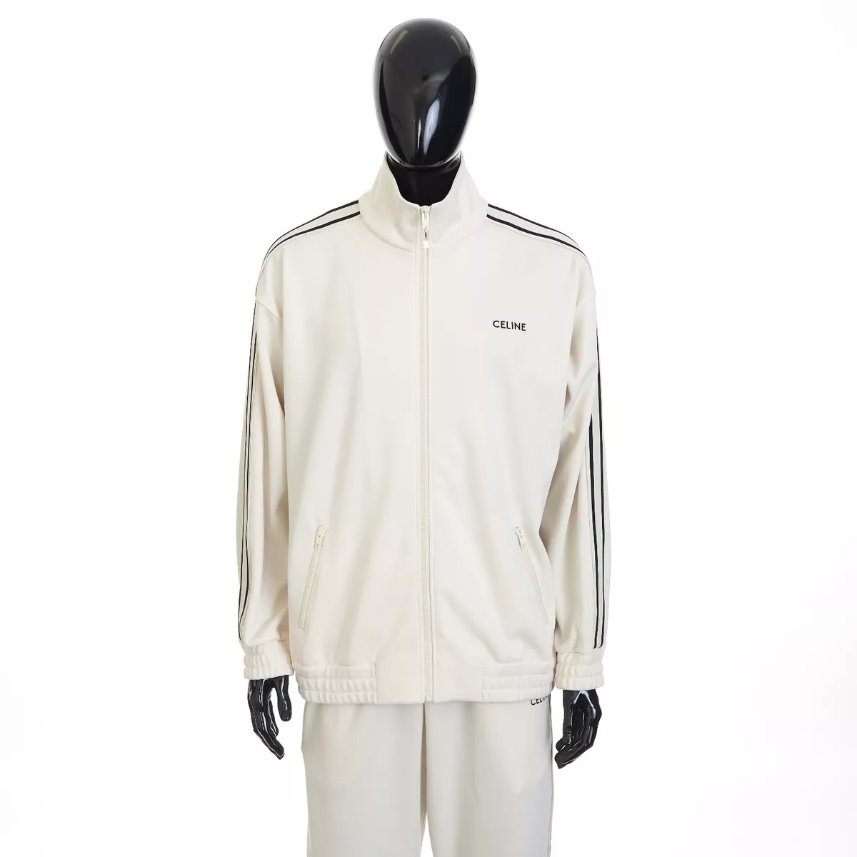 CELINE 1500 Zipped Track Jacket Embroidery Bands In Ecru Double