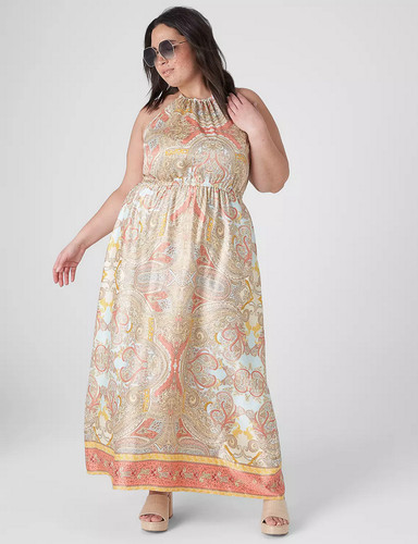 NEW LANE BRYANT PAISLEY PRINT HALTER NECK LUXE SATIN MAXI DRESS SZ 22