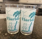 Set Of 2 VTG Florida Frosted Souvenir Glasses Teal Graphics Water Skiing Marlin
