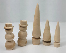 5 Piece Hand Turned Miniature Natural Wood Christmas Pine Trees  Snowmen Rustic