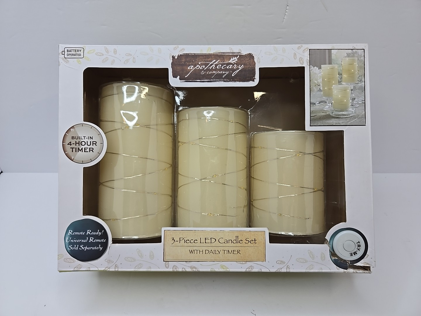 Apothecary & Co 3 Piece LED Candle Set Beige Fairy Lights Daily Timer - New