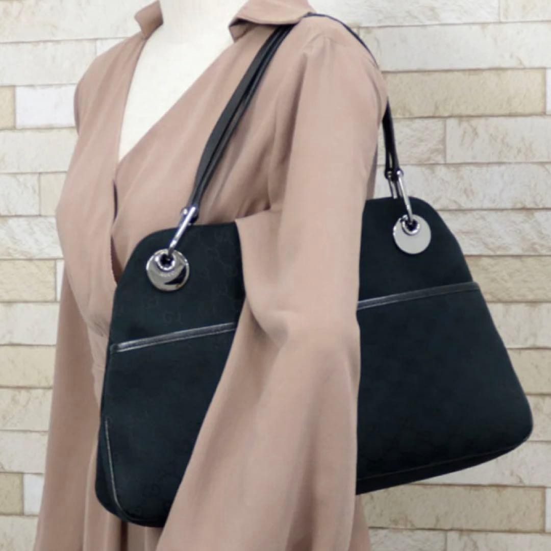 GUCCI Eclipse GG Canvas Shoulder Bag Black Leather Tote Authentic thumbnail 2