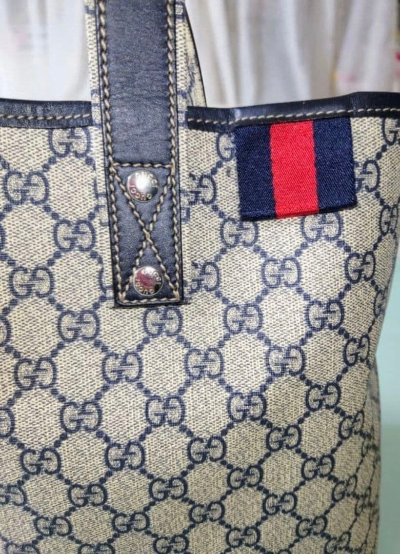 Gucci Tote Bag Canvas GG Pattern Beige Navy Authentic Excellent Condition thumbnail 2