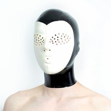 Latex Hood Mesh Eyes with white Face Rubber Mask Back Zipper Fetish Club Wear US