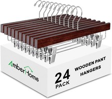 24 Pack Walnut Wooden Pants Hangers W/ Clips 14" Wood Skirt  Trousers Hangers