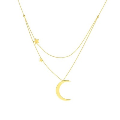 Verstellbare Halbmond Mond und Sterne Duo Kette Halskette Echt 14K Gelbgold 18''