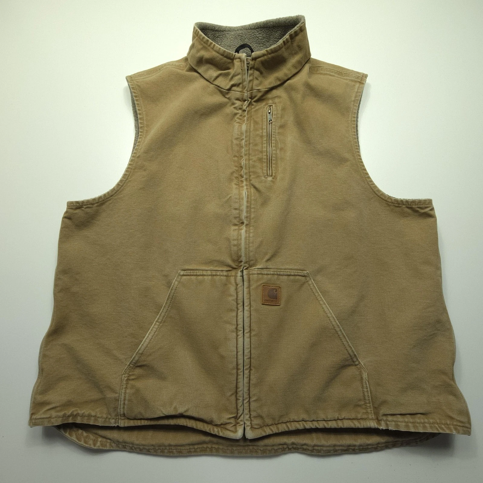 Carhartt Mens Vest XXLT Tall Brown Canvas Sherpa Lined Workwear Full Zip Firm