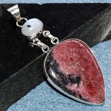 Long Rhodonite Rainbow Moonstone 925 Silver Plated Pendant 2.8