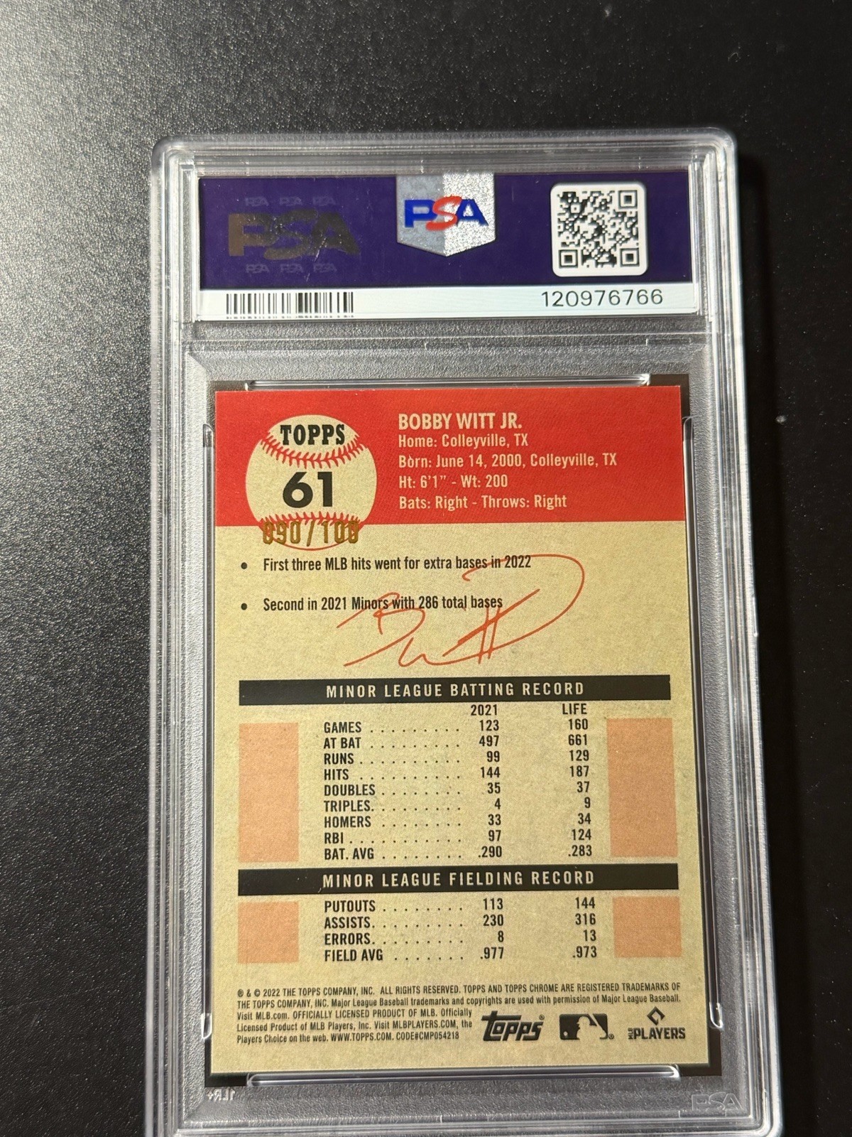 2022 Bobby Witt Jr. #61 Fuchsia Atomic Ref RC Auto PSA 9 90/100 view 3