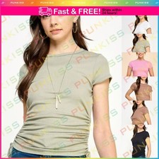 Womens Basics Solid Rib Knit Short Sleeve Side Ruched Detail Stretch Top T-Shirt