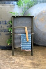 Antique Tin Child's Toy Laundry Washboard Sanitary Brand 1890s Blue Calico Scrap