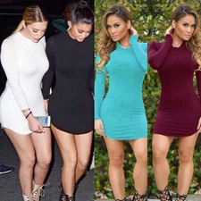 Women Casual Long Sleeve Shirt Dress Tight Irregular Hem Bodycon Mini Club Dress