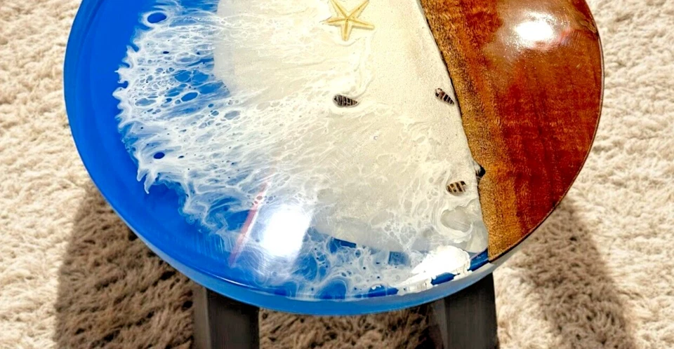 18" Ocean Wave Epoxy Resin Console Table Unique Handmade Acacia Wood Centerpiece - Image 3 of 4