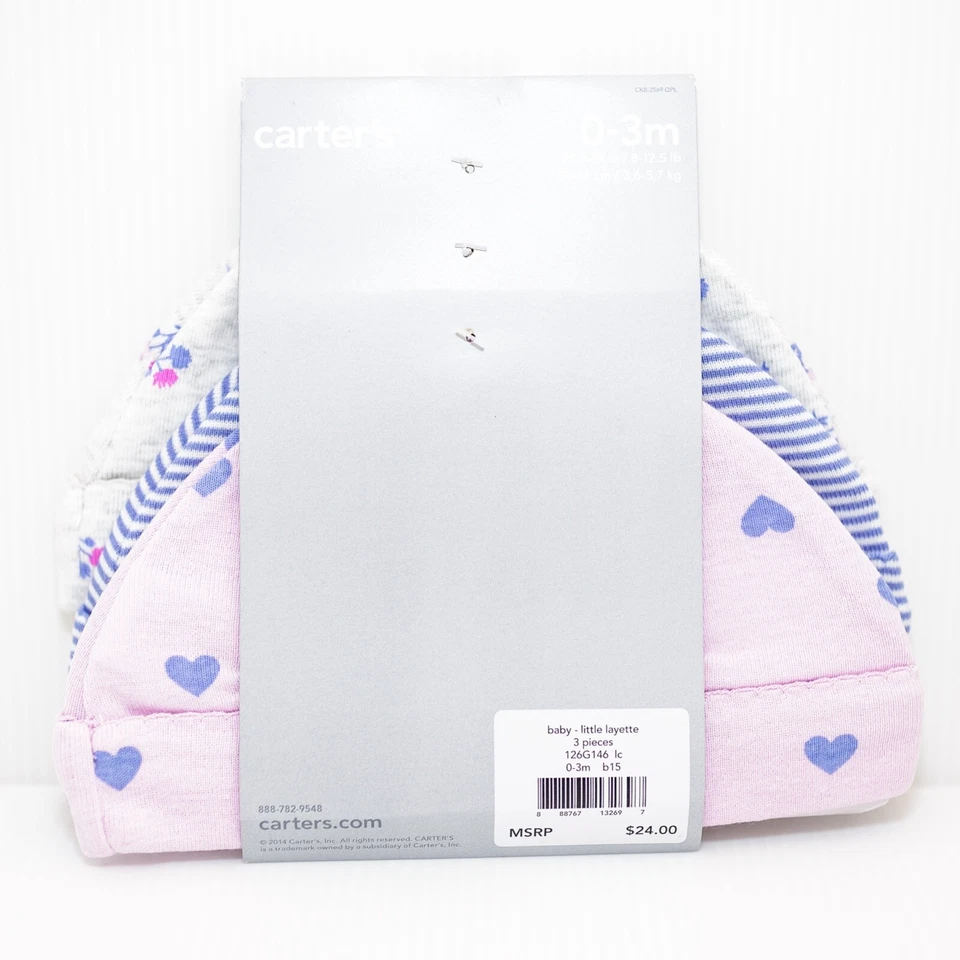 Carter's Bebé Niña Paquete de 3 Gorras Sombreros 100% Algodón Rosa Azul Corazones Talla 0-3 Meses Foto 4 de 4