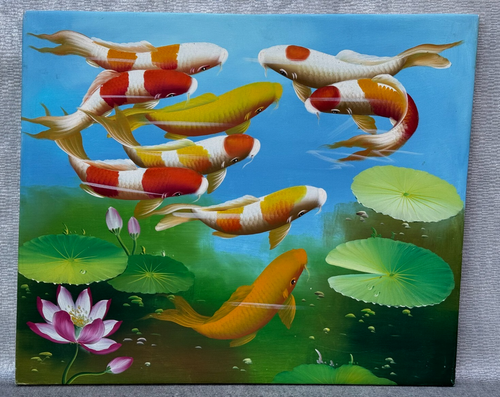9 KOI FISH OIL PAINTING CHINESE JAPANESE ASIAN ART ZEN TRANQUILITY GOOD FORTUNE - Picture 3 of 15