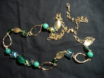 Gilt Crystal & Borealis Crystal Green Bead Complex Gold Tone Necklace