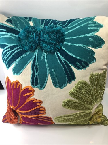 Pier 1 Floral Pom Embroidered Throw Pillow Couch Decorative Flowers Colorful 18” - Picture 18 of 19