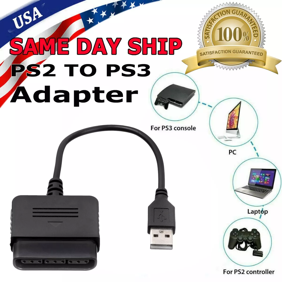 Adapter Cable for Sony Playstation 2 PS2 to PC USB Controller