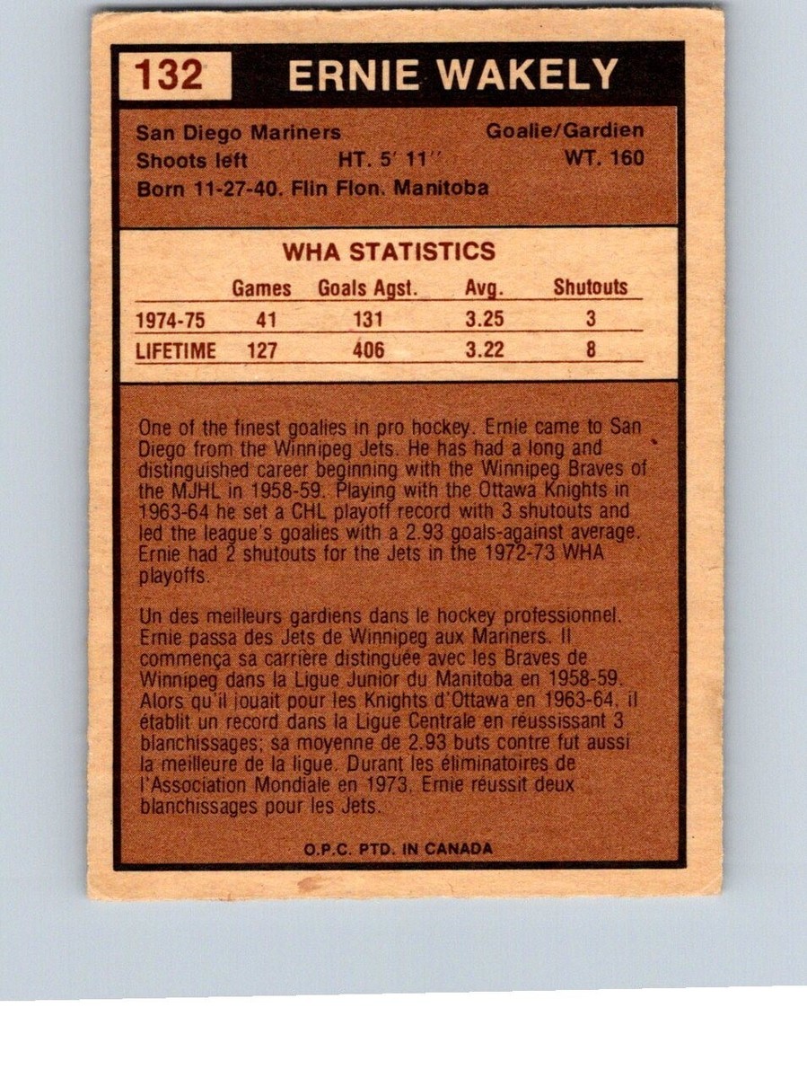 VINTAGE HOCKEY CARD OPC 1975 WHA SAN DIEGO MARINERS GOALIE ERNIE