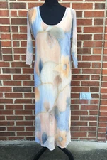 Linda Lundstrom Maxi Dress Small Tan Blue Floral Mesh Beachy Boho Fairy Artsy