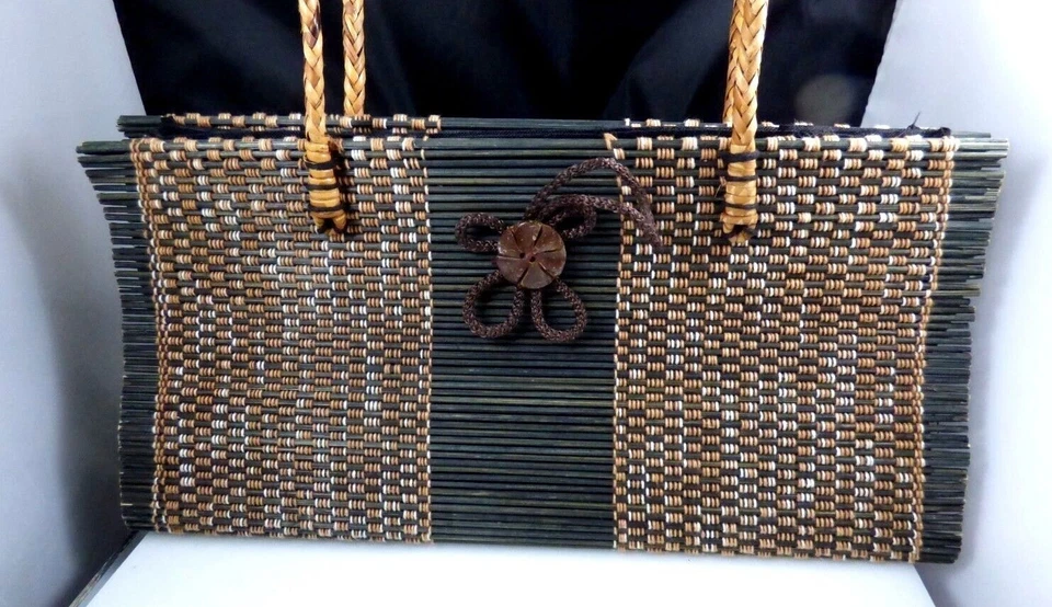 Tailandia Cartera Bolso de Mano Tejido Paja Ratán Hierba Hecho a Mano Flor Marrón Tostado Para Mujer Foto 2 de 4