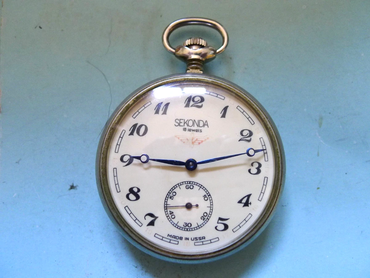 Reloj Bolsillo Sekonda URSS 18J Ferrocarril Níquel. 50mm.. Viento manual. Funcionando. En muy buena condición