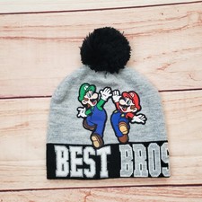 Super Mario Hat Beanie Knit One Size Mens Gray Best Bros Pom Luigi Mario Adult