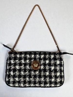 NIB Versace Black and White Quilted Tweed Medusa Mini Shoulder Bag Authentic