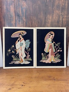 Pair Vintage 1960s Geisha Black Velvet Paint by Number Art Mid Century Framed