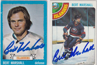 2 BERT MARSHALL Authentic Autograph '73 TOPPS & '78 TOPPS Islanders Hockey Cards
