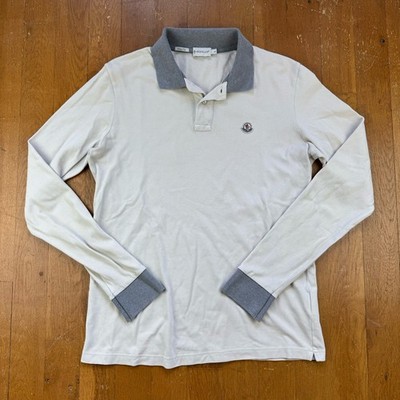 Moncler Slim Fit Off White Grau Langarm Poloshirt Größe L
