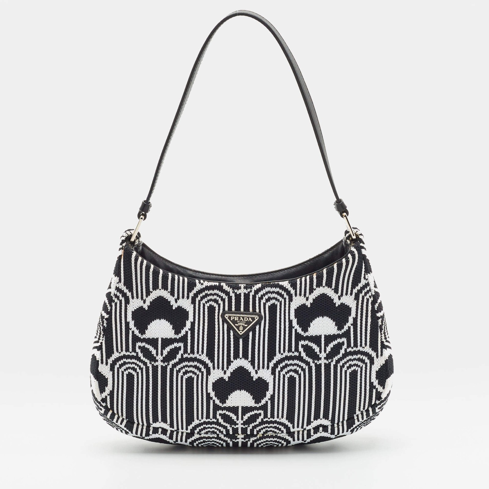 Prada Cleo BlackWhite Geometric Pattern Knit Fabric Shoulder Bag