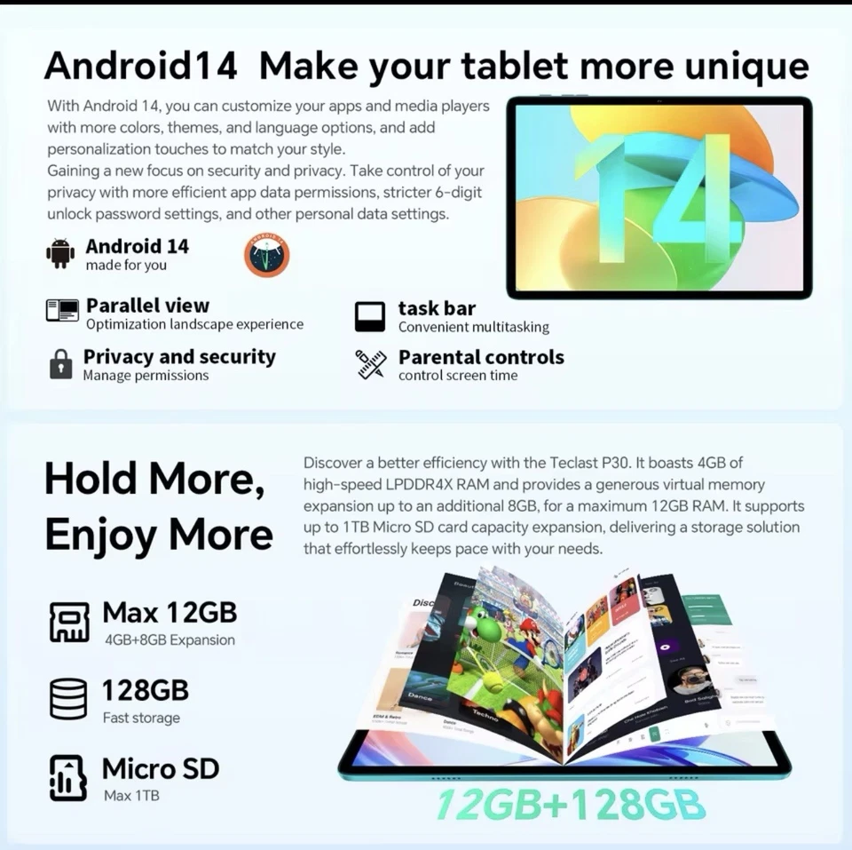 Tablet TECLAST P30 10.1 Pollici 12GB RAM 128 ROM Android 14 1280X800 IPS 8 CORE - Imagen 2 de 4