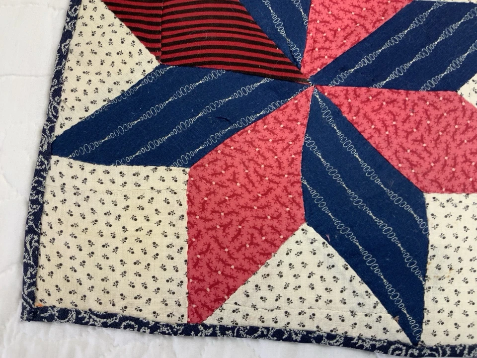 Antique Vintage Patchwork Quilt Table Topper, Star, Early Calicos, Red, Navy - Image 2 of 4
