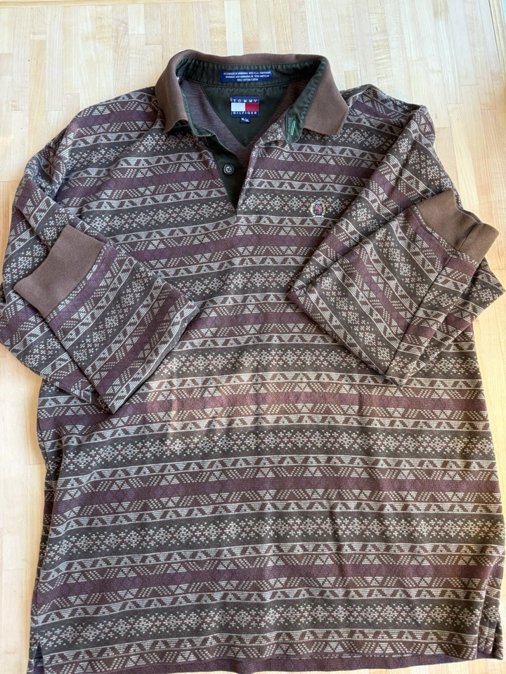 Camisa de rugby vintage Tommy Hilfiger para hombre marrón azteca suroeste años 90  Foto 3 de 4