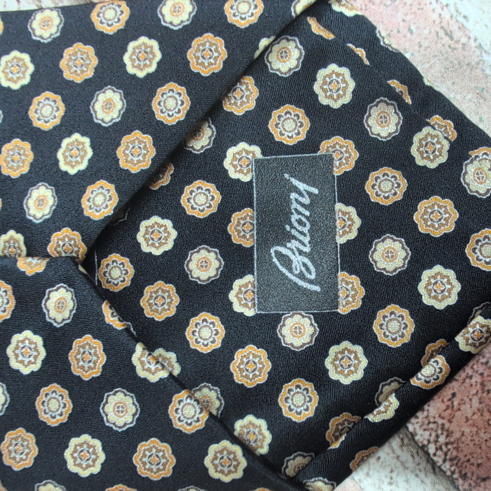 BRIONI Italian Silk Tie Golden Medallion On Black Printed 3 5/8" X 59 1/2"