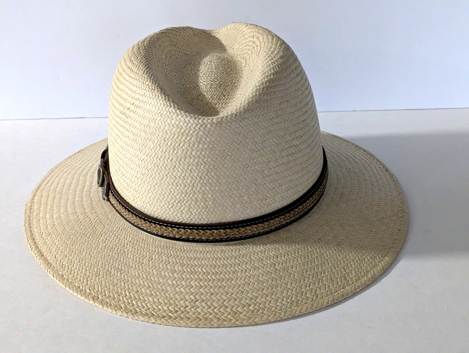 Винтажная унисекс бежевая вручную сплетенная Эквадорская соломенная шляпа с полями 3 дюйма с ремешком один размер Town Talk - Изображение 4 из 4