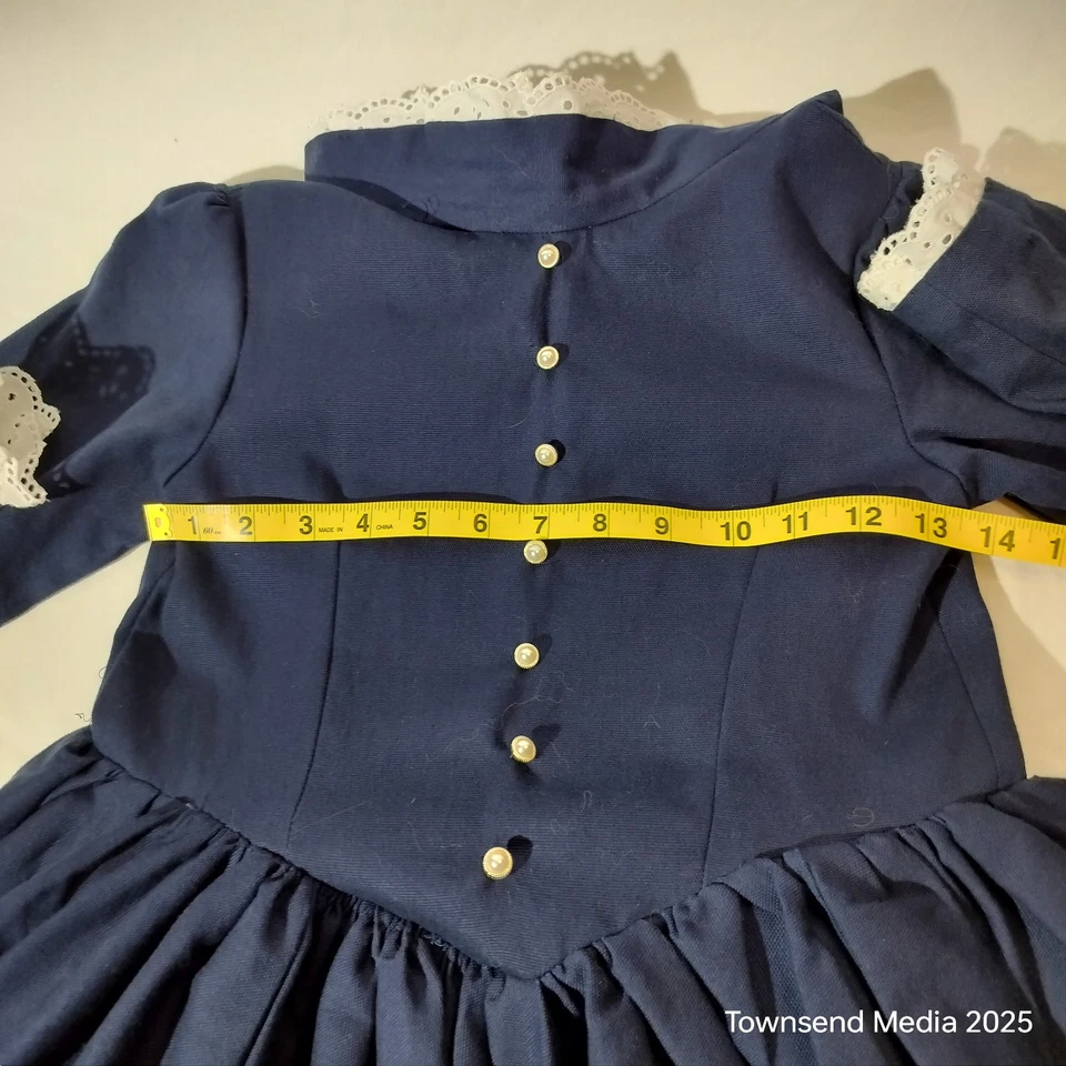 Blue cotton homespun dress in a Victorian or Civil War era style with white lace - Image 3 of 4