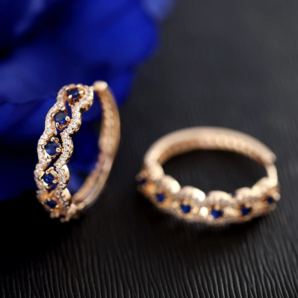 LUXURY 9K ROSE GOLD GF Blue Sapphire Simulated Diamond Women Dress Hoop EARRINGS Foto 2 de 4