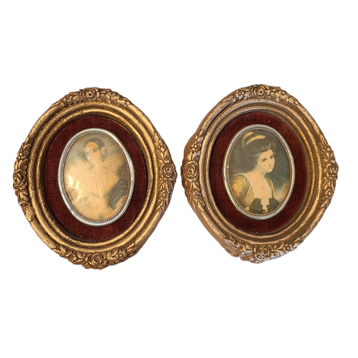 2 Convex Glass Cameo Collection Plaster Frame With Felt Victorian