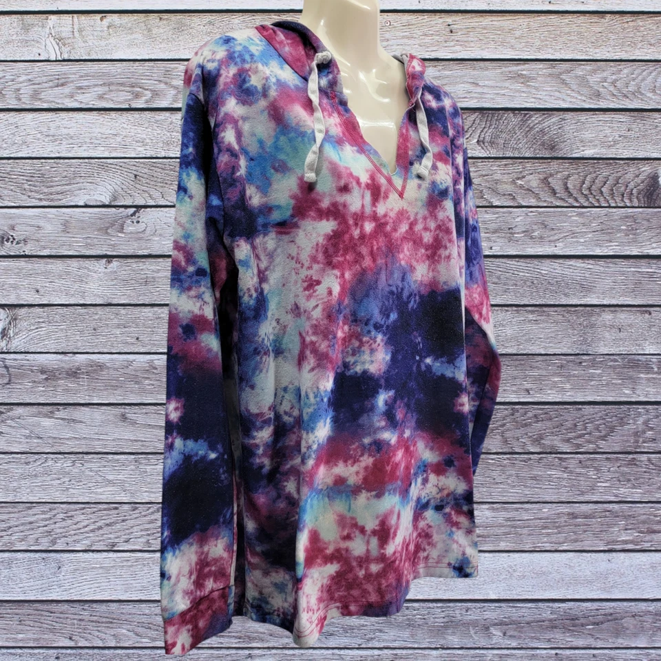 Sudadera con capucha para mujer Bobby Brooks teñida con corbata azul/rosa manga larga cuello en V grande Foto 3 de 4