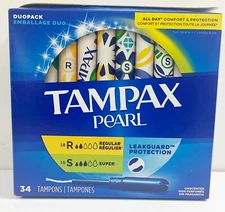Tampax Pearl Tampons 18-Regular 16-Super Absorbency w/LeakGuard  34 Tampons