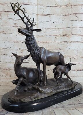 Handmade Male Stag With His Baby Fawn Bronze Sculpture Marble Base Statue Gift